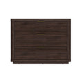 Modern dark brown wood nightstand with rounded edges, three spacious drawers, and minimalist gold bar handles.