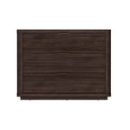 Modern dark brown wood nightstand with rounded edges, three spacious drawers, and minimalist gold bar handles.