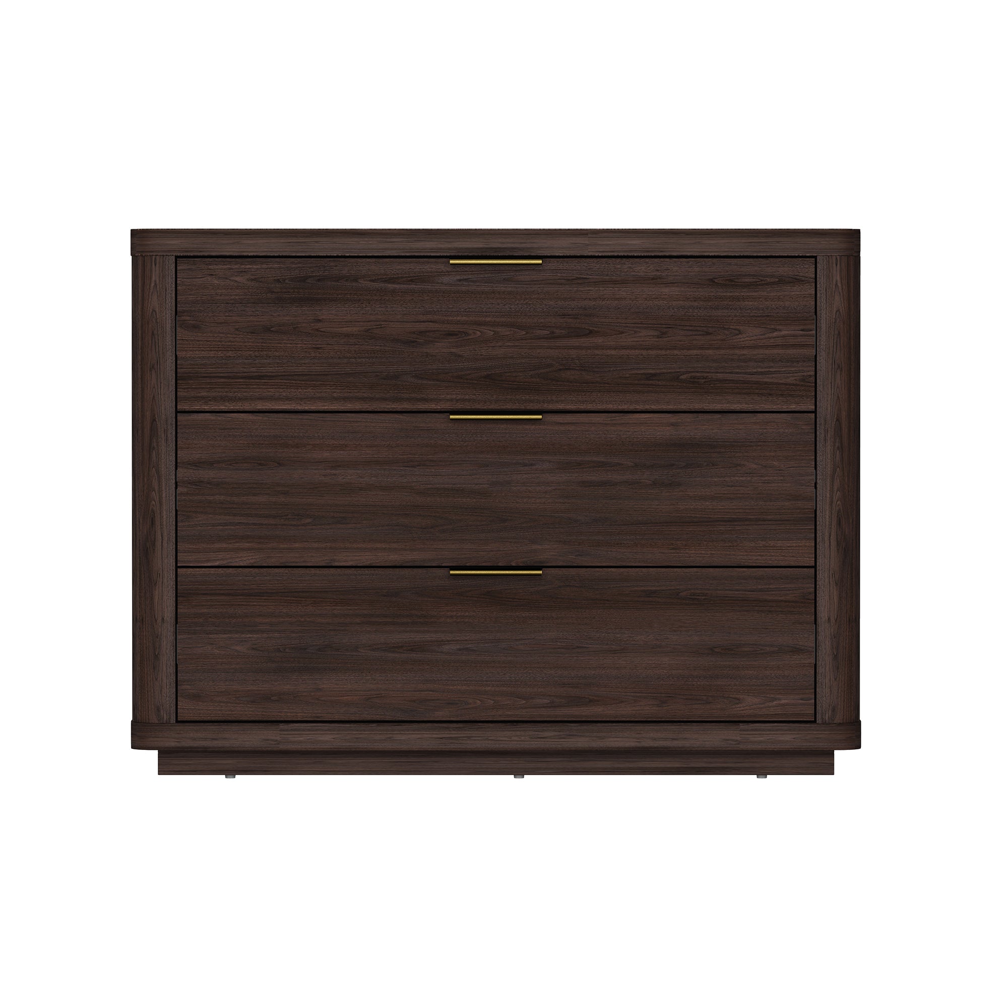 Modern dark brown wood nightstand with rounded edges, three spacious drawers, and minimalist gold bar handles.