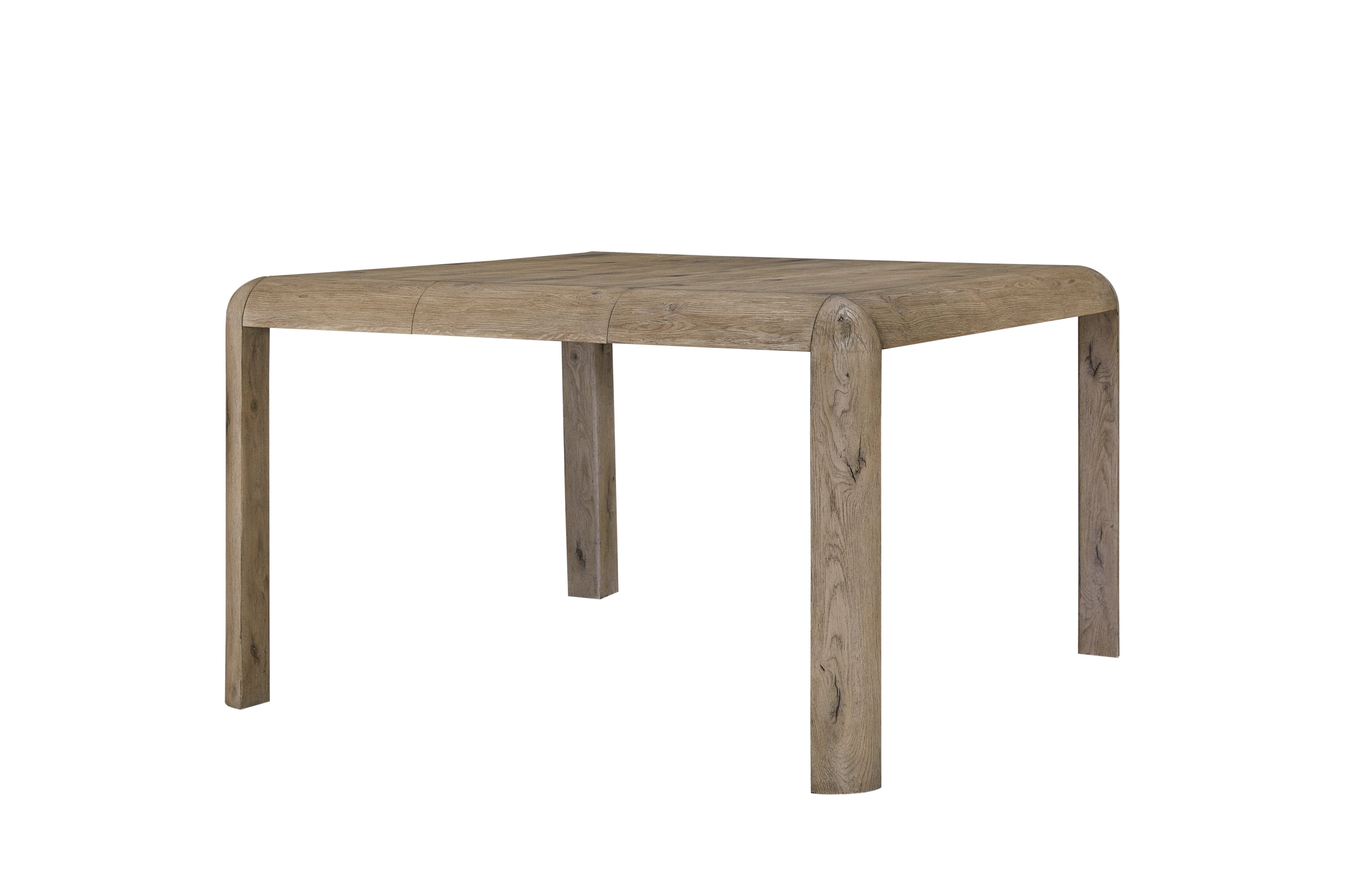 Angled view of Counter Height Oak Table with knotty veneer, featuring curved edges and robust construction ideal for modern rustic interiors.