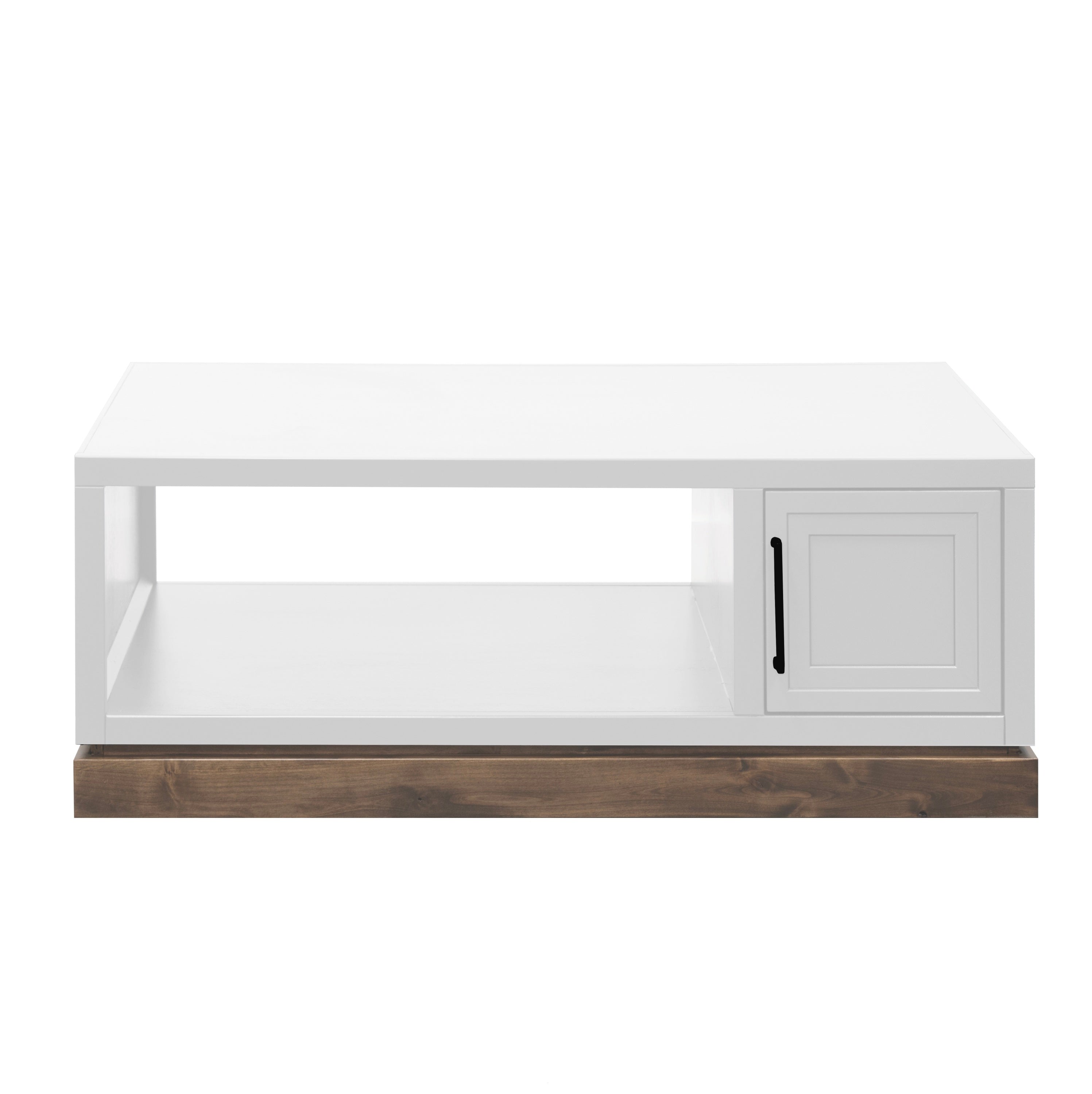 Front view of Nora 48 inch Coffee Table - Jasmine White Barnwood showing open shelf and cabinet door with black handle for concealed storage.