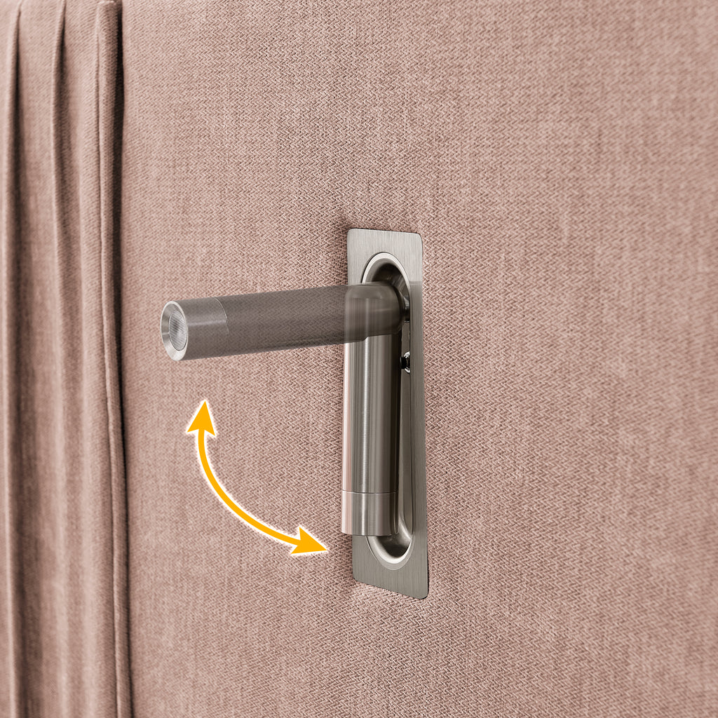 Close-up of adjustable reading light on upholstered headboard of queen bed, ideal for nighttime reading convenience.