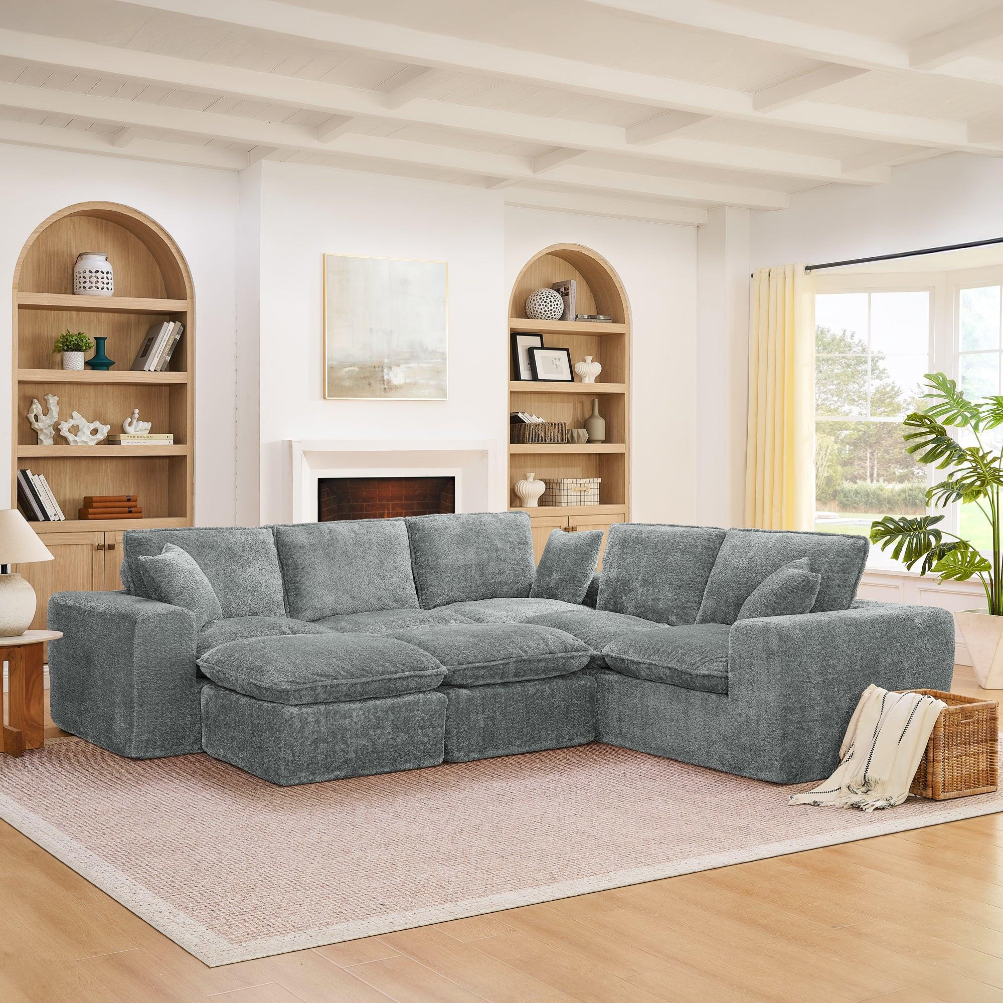 L-shaped Boucle Sectional Sofa with Moveable Ottomans.