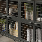 Detail of mesh metal doors on Industrial Brown TV Credenza, highlighting durable construction and interior storage compartments.