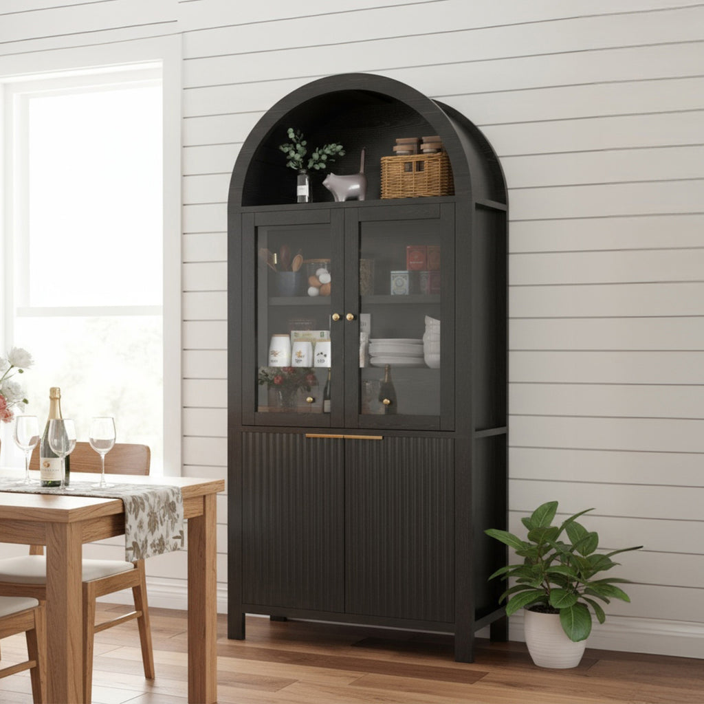 71-Inch Fluted Arched Pantry Cabinet with Glass Doors in Black