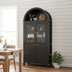 71-Inch Fluted Arched Pantry Cabinet with Glass Doors in Black