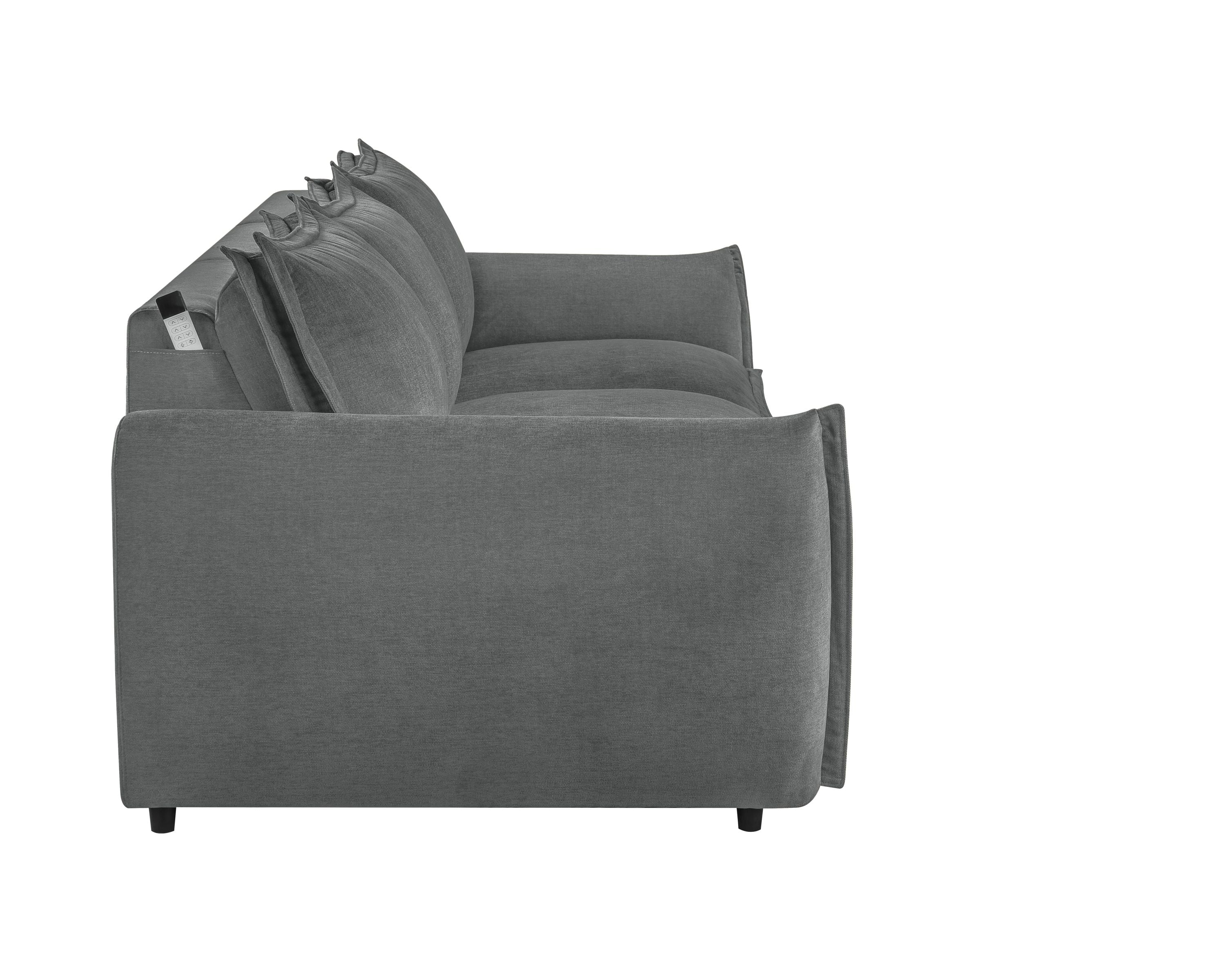 Side profile of Gray Chenille Sleeper Sofa - Eaden Power Sofa highlighting armrest design and thick seat cushions.