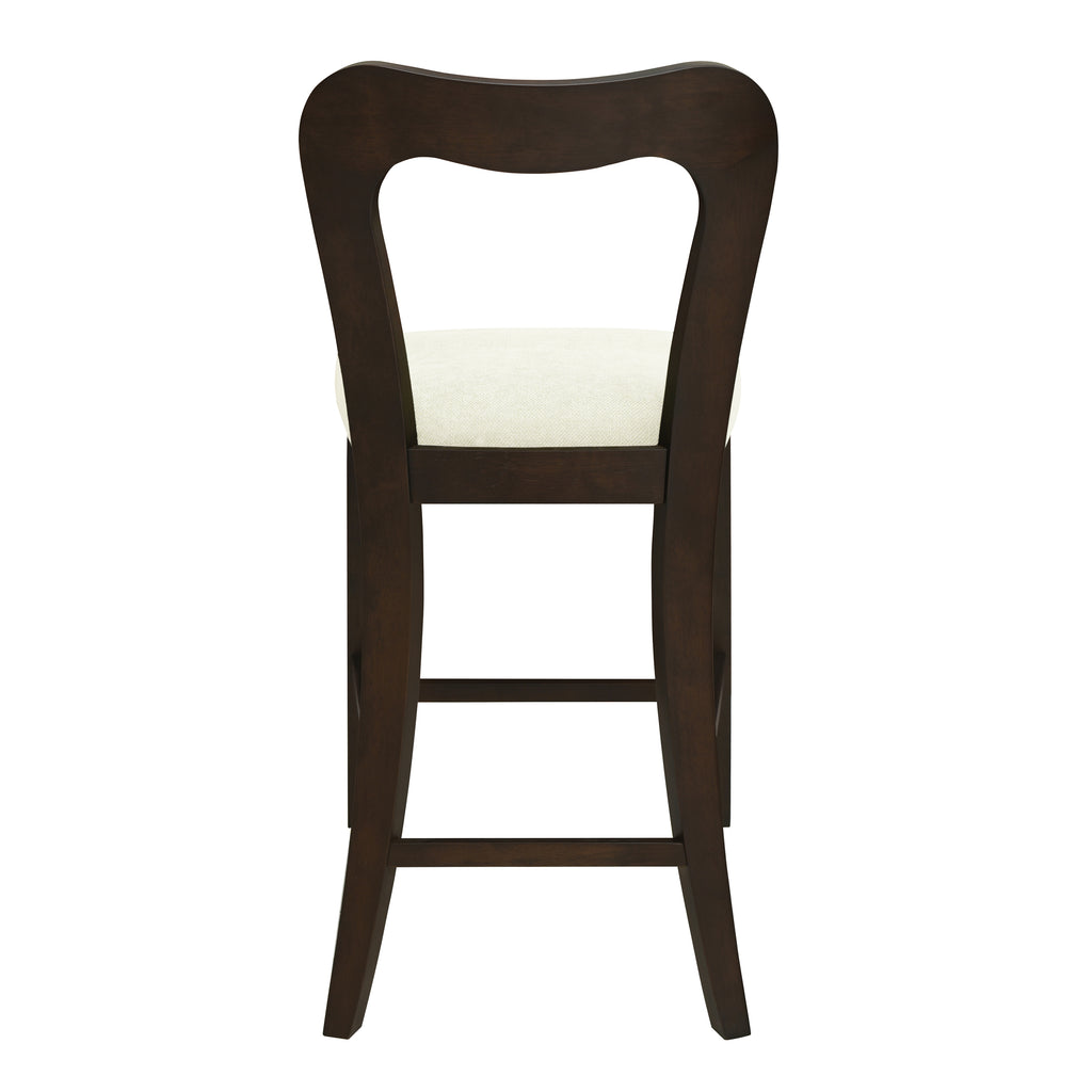 Rear view of Counter Stool Set of 2 - Dark Brown + Beige displaying solid wood frame and arched backrest design.