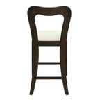 Rear view of Counter Stool Set of 2 - Dark Brown + Beige displaying solid wood frame and arched backrest design.