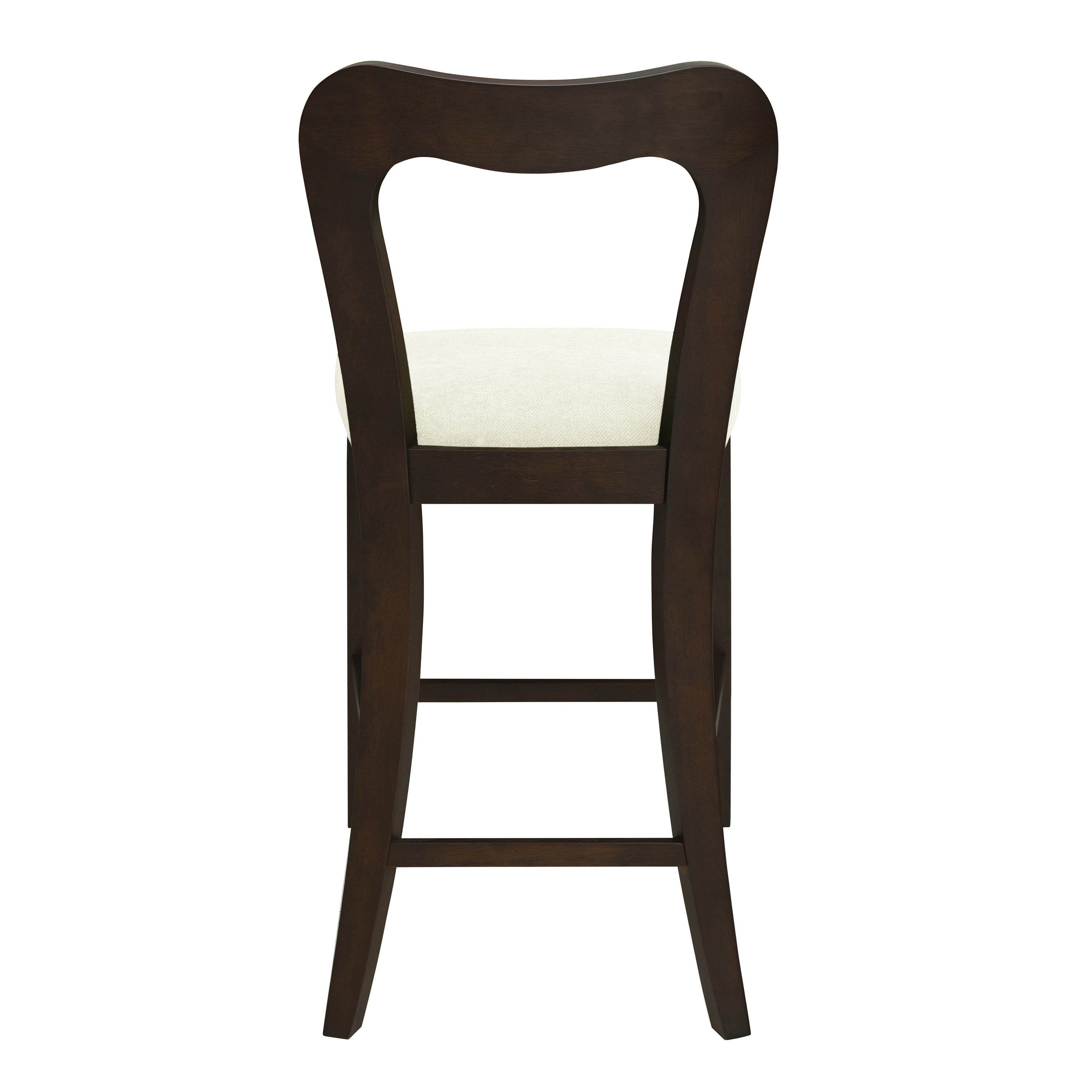 Rear view of Counter Stool Set of 2 - Dark Brown + Beige displaying solid wood frame and arched backrest design.