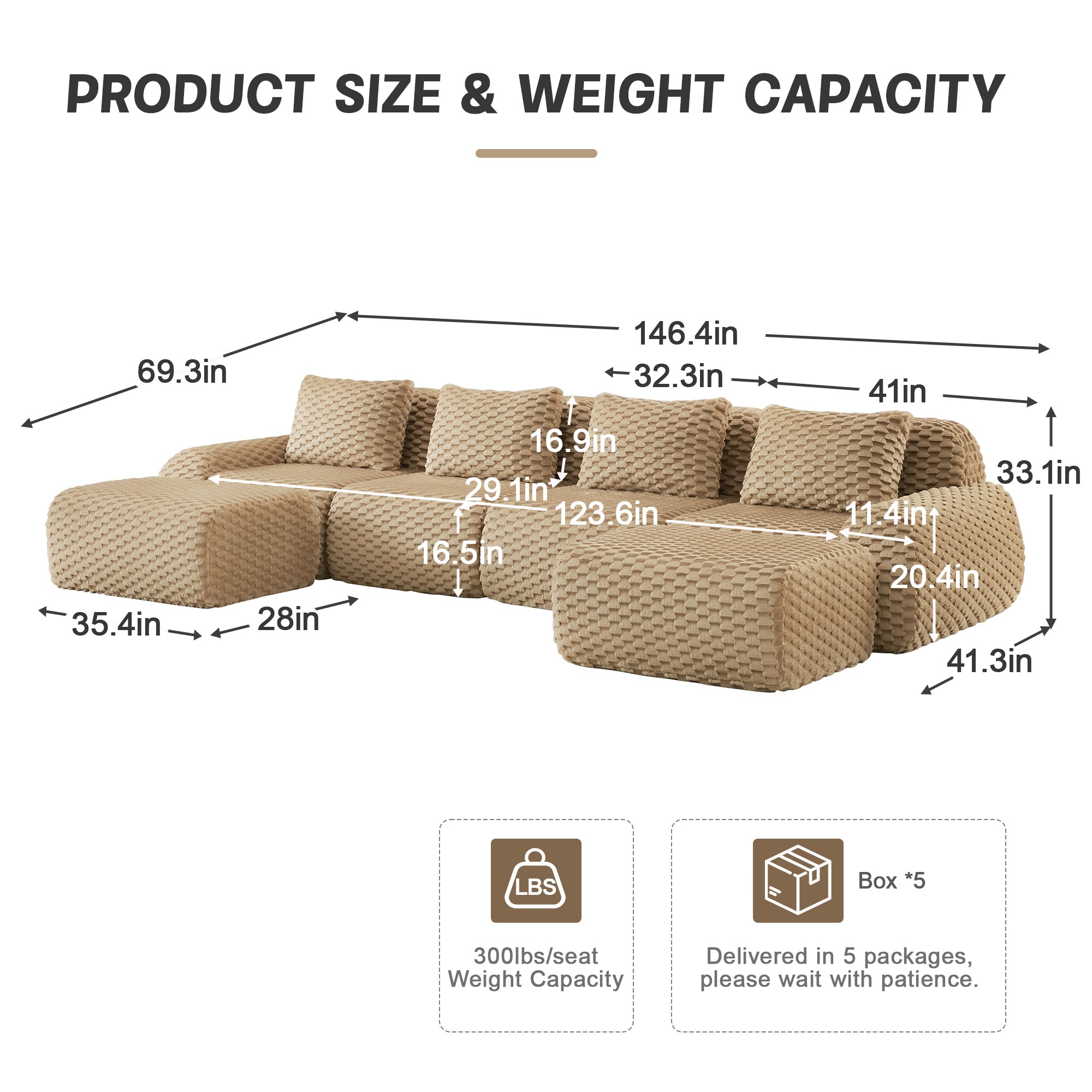 Detailed dimensions of Modern Modular Sofa - U-Shaped Sectional | 4-Seater Comfort with weight capacity and packaging info for easy planning.