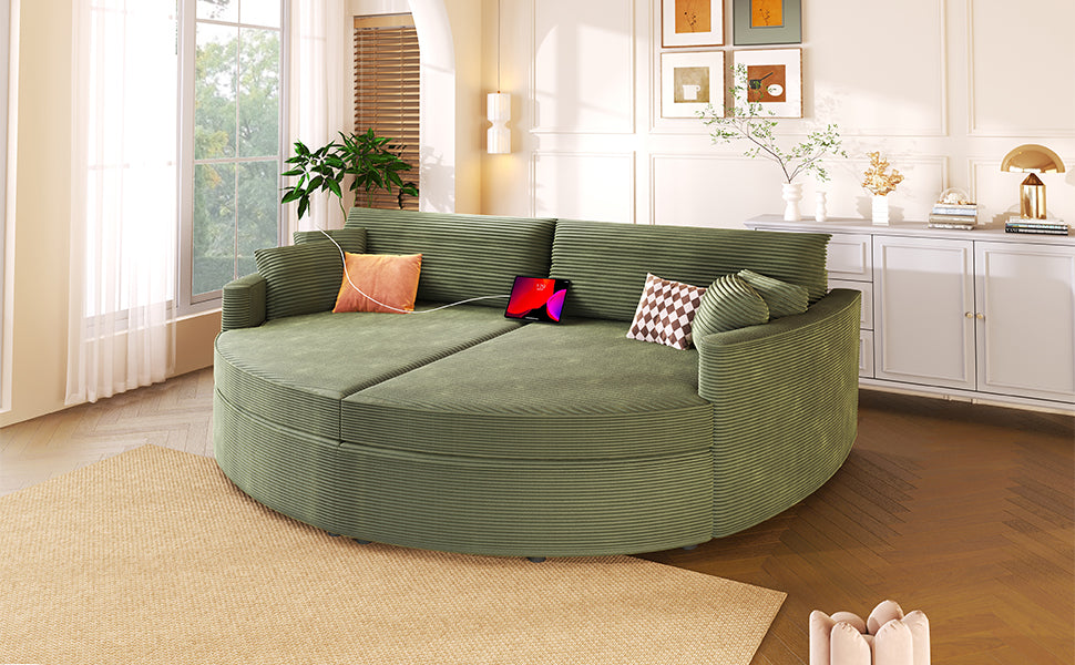 Green Oversized Double Chaise Lounge Sofa with Upholstered Corduroy Fabric, Deep Seat, USB Ports, and Removable Pillows – 102.3'