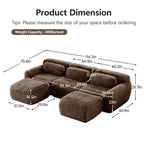 Modular U-shaped sofa in plush chocolate fabric with detailed dimensions and 300lbs per seat weight capacity. Ideal for spacious living rooms.