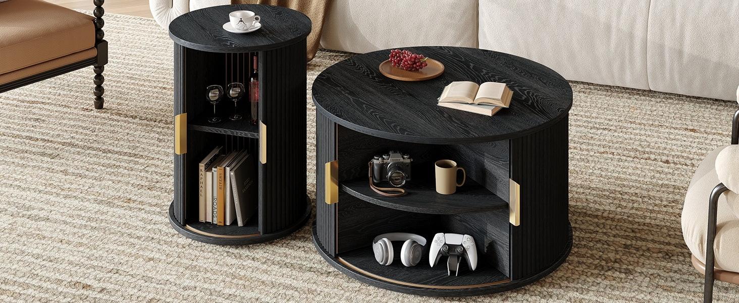 [Assembly Video] Mid-Century Coffee Table Set with Sliding Tambour Door, Round Fluted End Table With Storage, Golden Handle Tall & Low Side Table with Wooden Finish for Living Room, Set of Two, Black