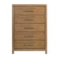 Modern 5-drawer wooden chest in a light brown finish with linear silver metal handles, isolated on a white background.