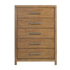 Modern 5-drawer wooden chest in a light brown finish with linear silver metal handles, isolated on a white background.