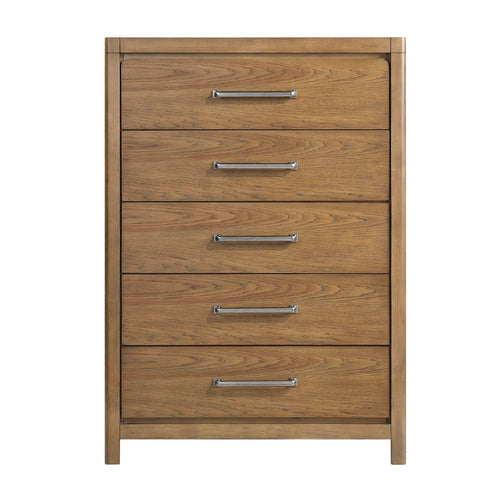 Modern 5-drawer wooden chest in a light brown finish with linear silver metal handles, isolated on a white background.