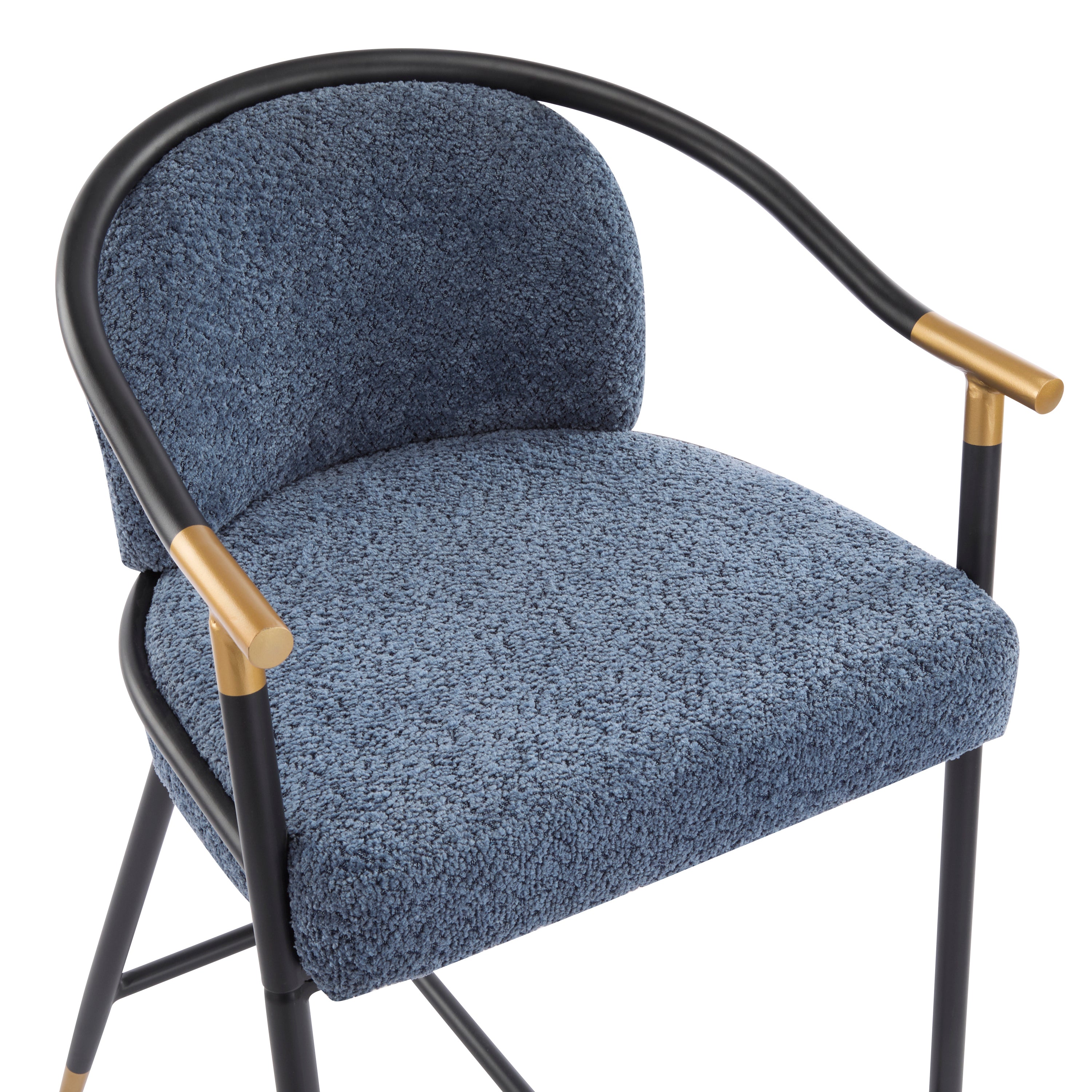 Angled top view of upholstered counter stool showing plush blue seat, curved armrests, and gold-accented black metal frame.