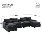 Dimensions of Modern U-Shaped Sectional Sofa with Console & USB shown in inches, highlighting seat capacity and weight limit per seat.