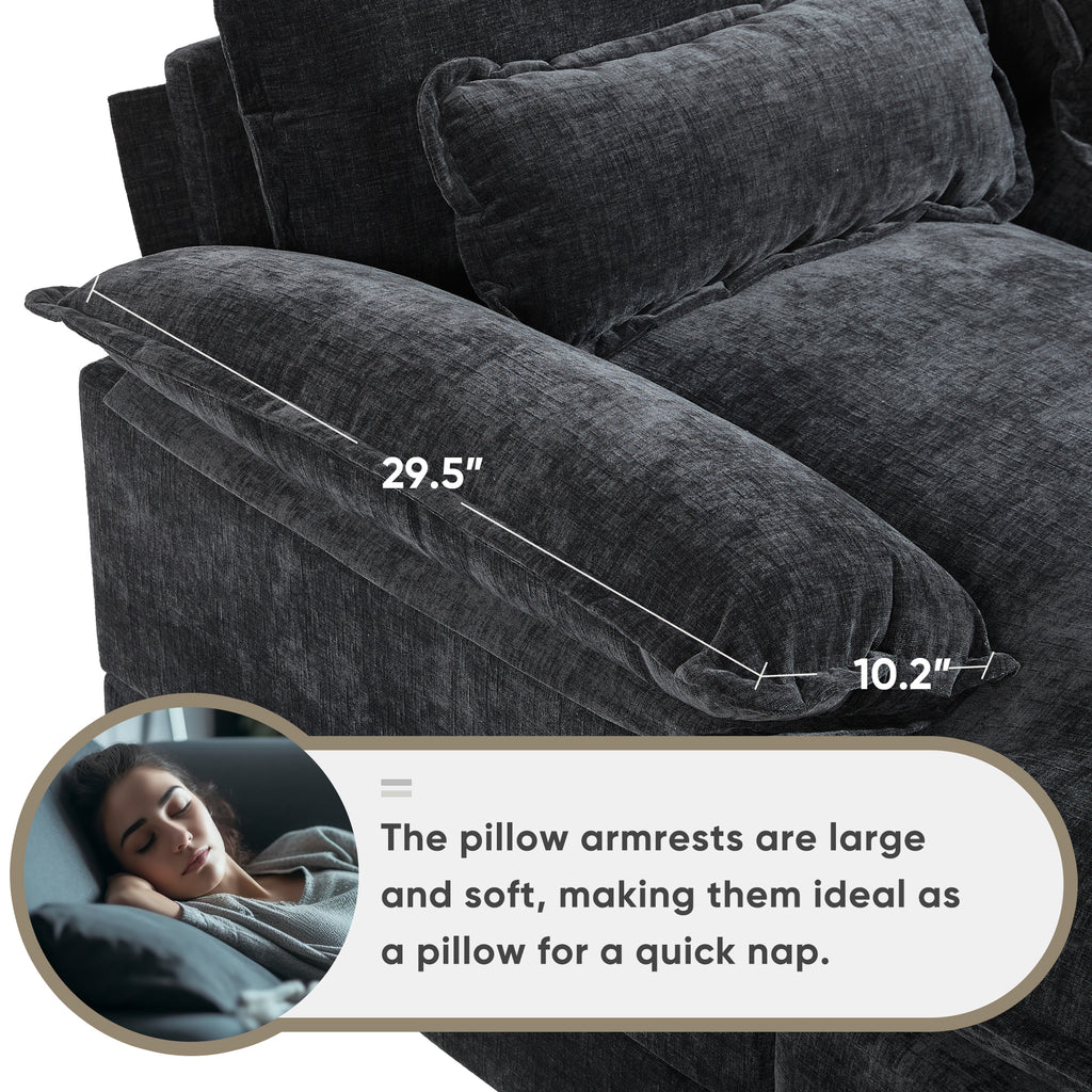 Pillow armrest on Modern U-Shaped Sectional Sofa with Console & USB shown with dimensions, ideal for napping or added comfort.