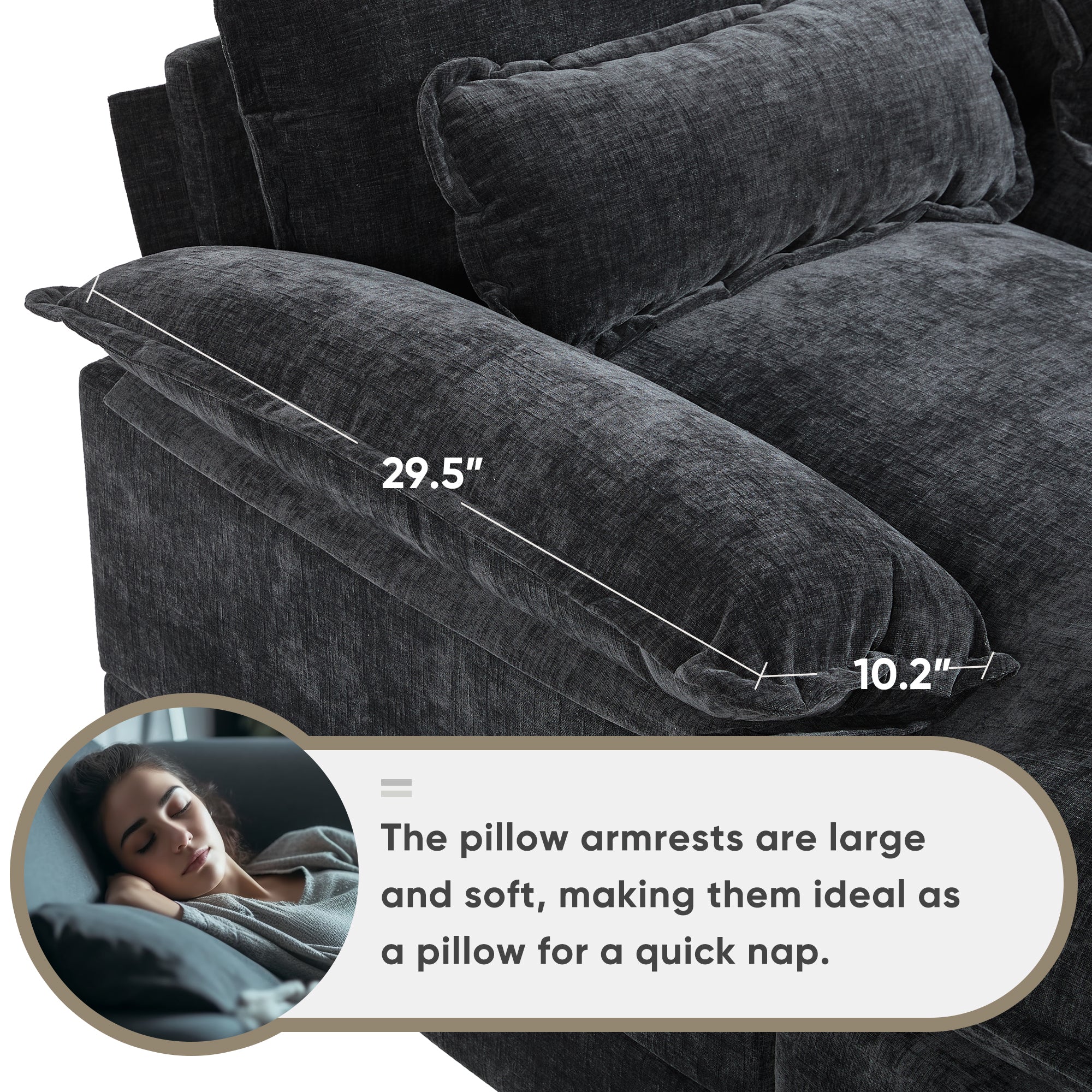 Pillow armrest on Modern U-Shaped Sectional Sofa with Console & USB shown with dimensions, ideal for napping or added comfort.