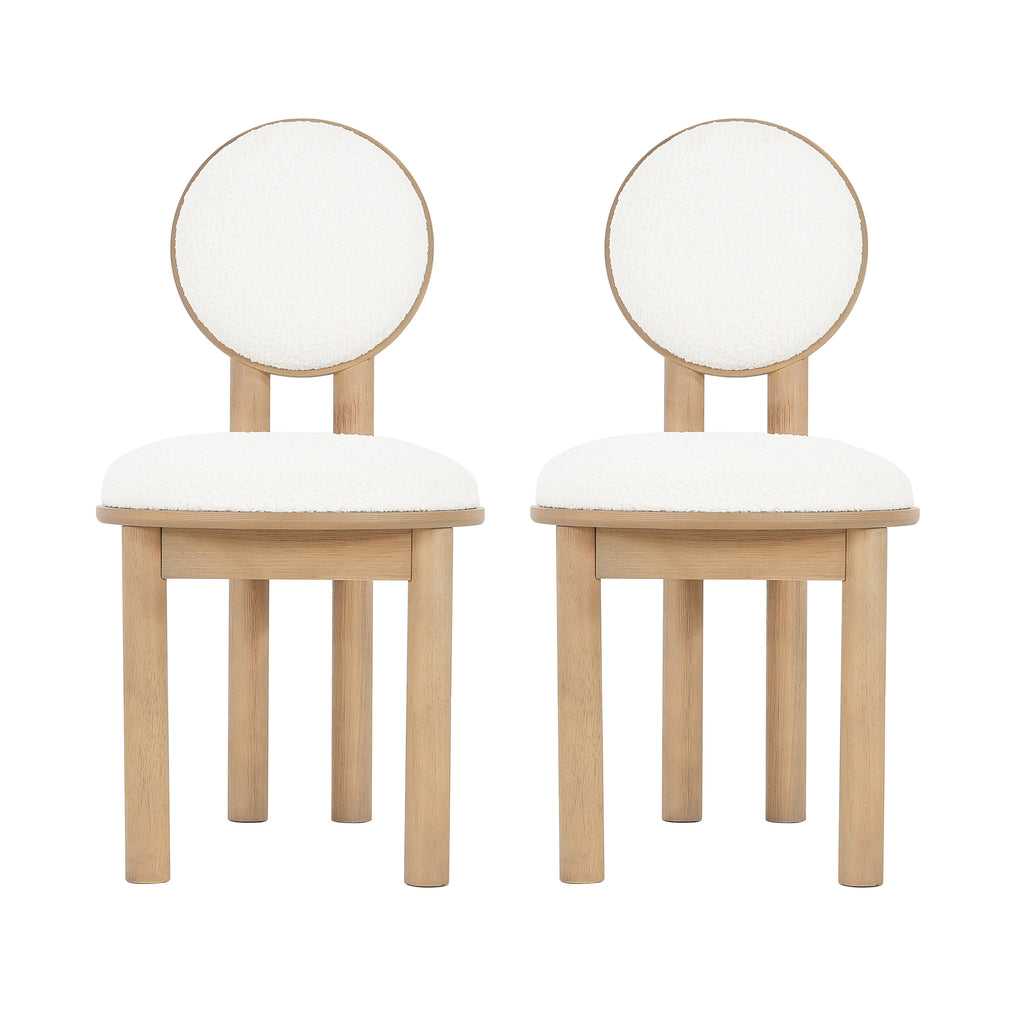 Set of 2 polyester dining chairs with natural wood frame and round backrest, ideal for modern dining spaces.