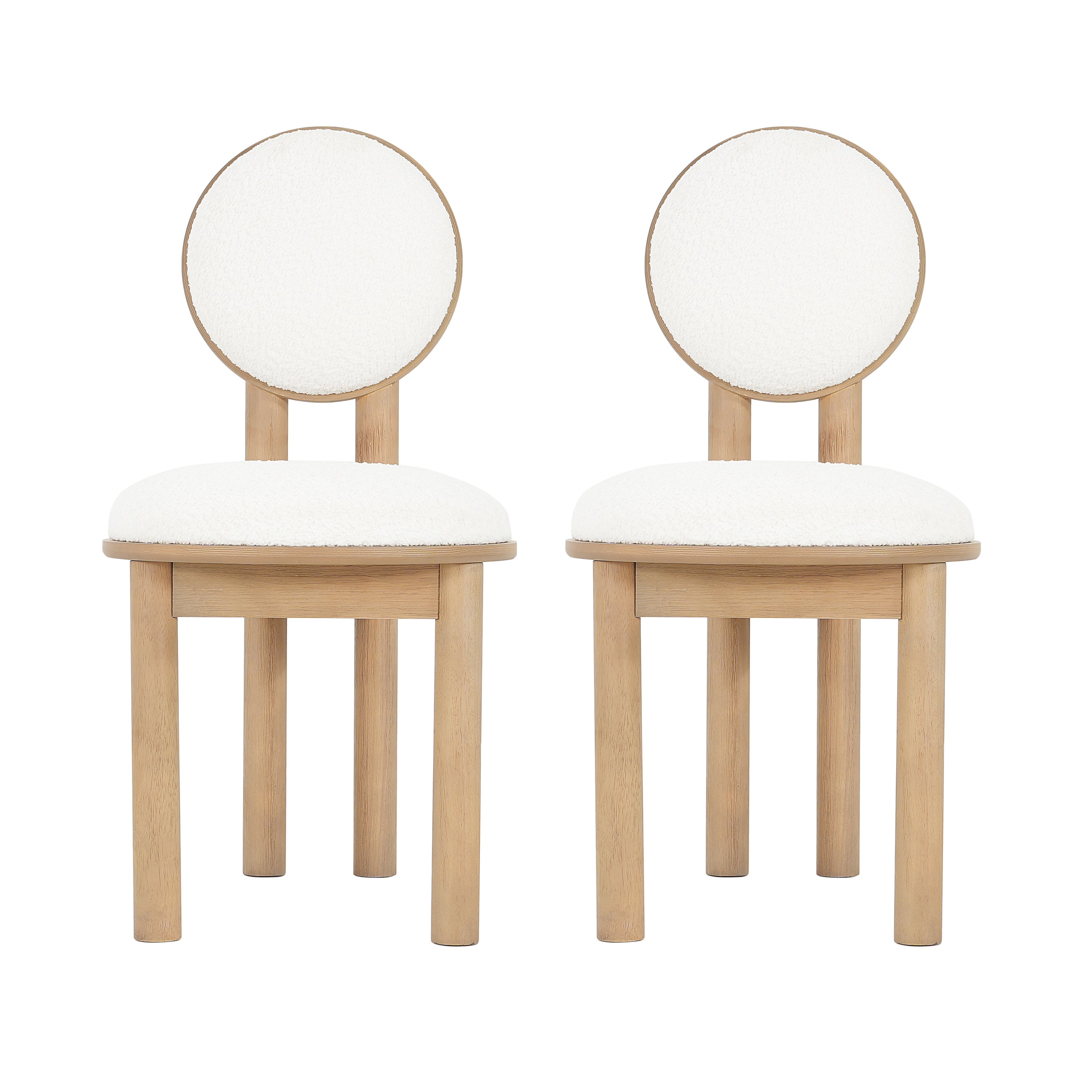 Set of 2 polyester dining chairs with natural wood frame and round backrest, ideal for modern dining spaces.