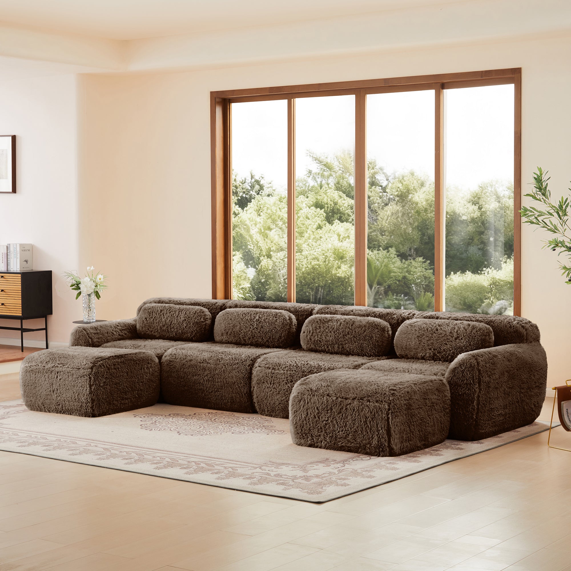 High-density sponge U-Shaped Modular Sofa in chocolate color, featuring plush texture and boneless structure for comfort.