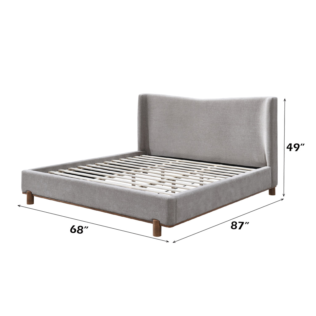 Melbourne Queen Bed - Queen Bedroom Furniture with dimensions 68x87x49 inches. Gray chenille frame with slatted base for mattress support.