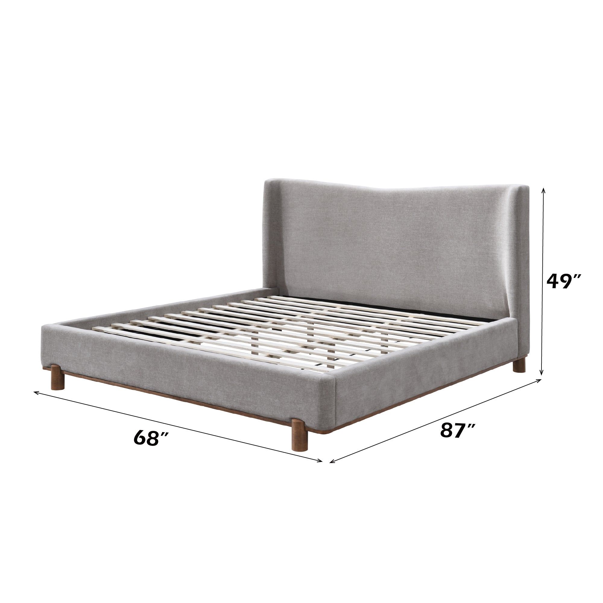 Melbourne Queen Bed - Queen Bedroom Furniture with dimensions 68x87x49 inches. Gray chenille frame with slatted base for mattress support.