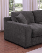 Left armrest and cushion detail of gray chenille sectional sofa, emphasizing soft texture and contemporary design.