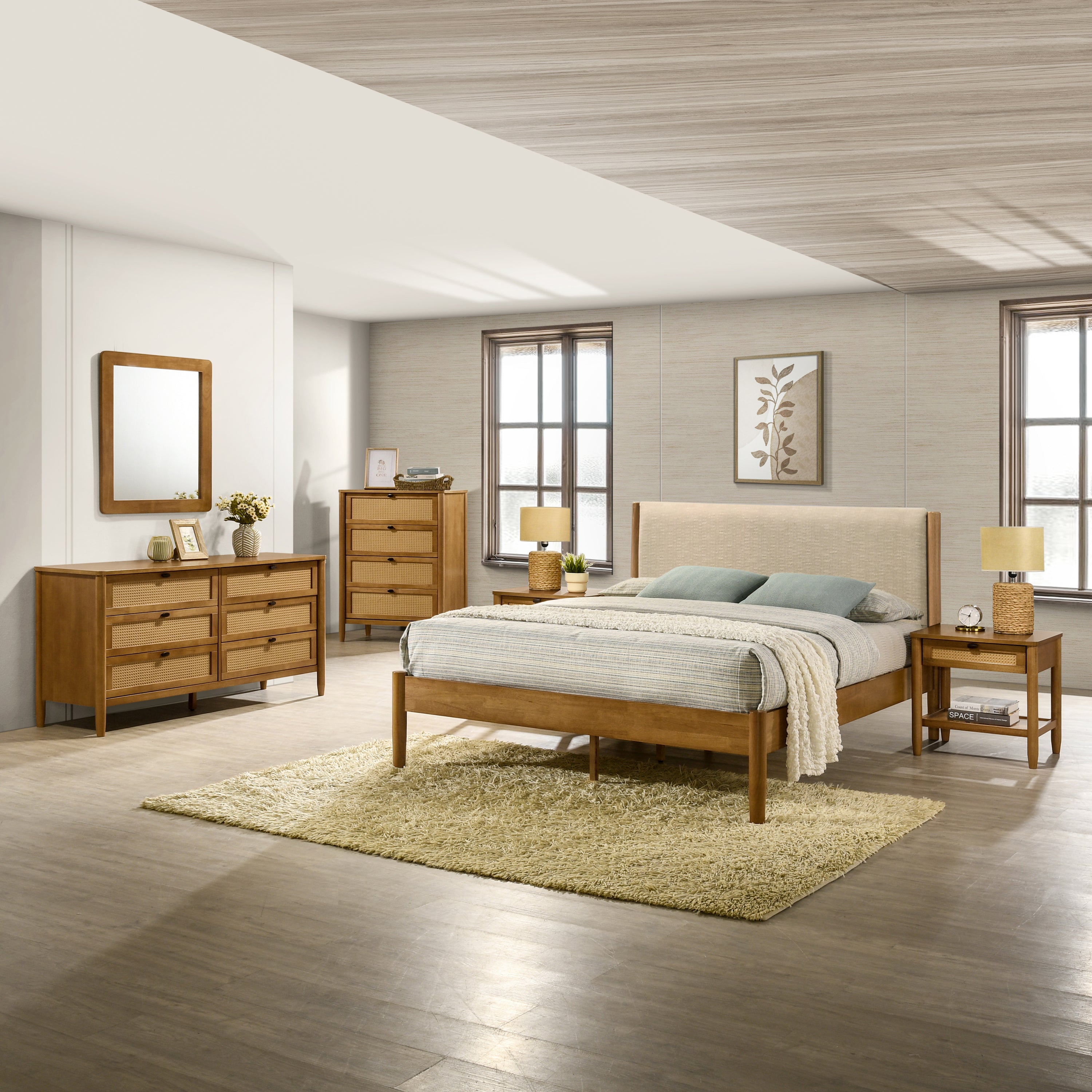 Vichy 6-Piece Walnut Rubberwood Queen Bedroom Set with Upholstered Bed