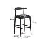 Black fabric bar stool with dimensions labeled, showing seat height, width, and depth for accurate space planning.