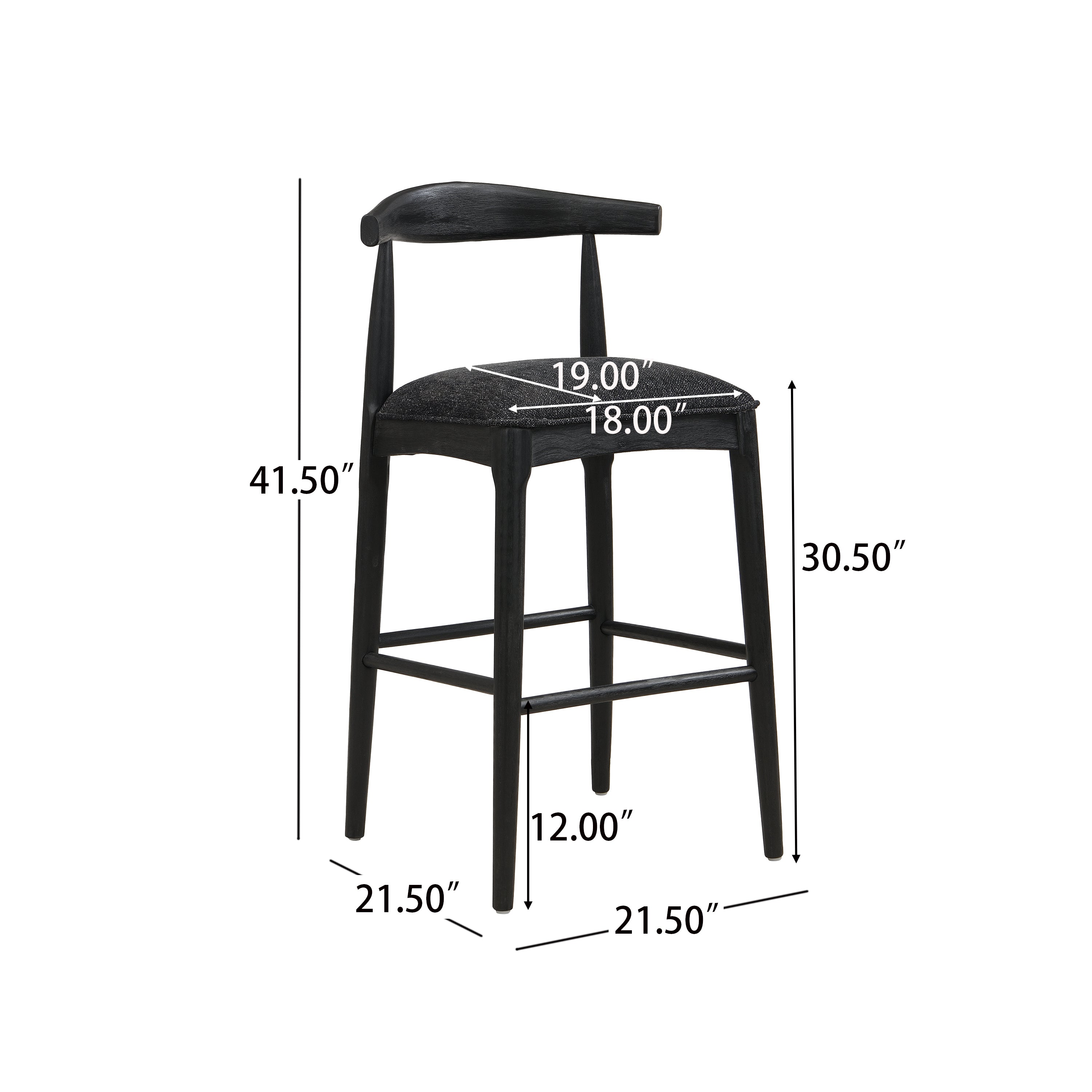 Black fabric bar stool with dimensions labeled, showing seat height, width, and depth for accurate space planning.