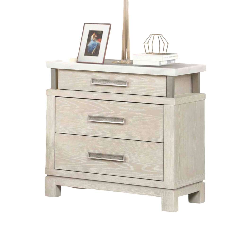 Transitional Nightstand with Marble Top and Metal Handles.