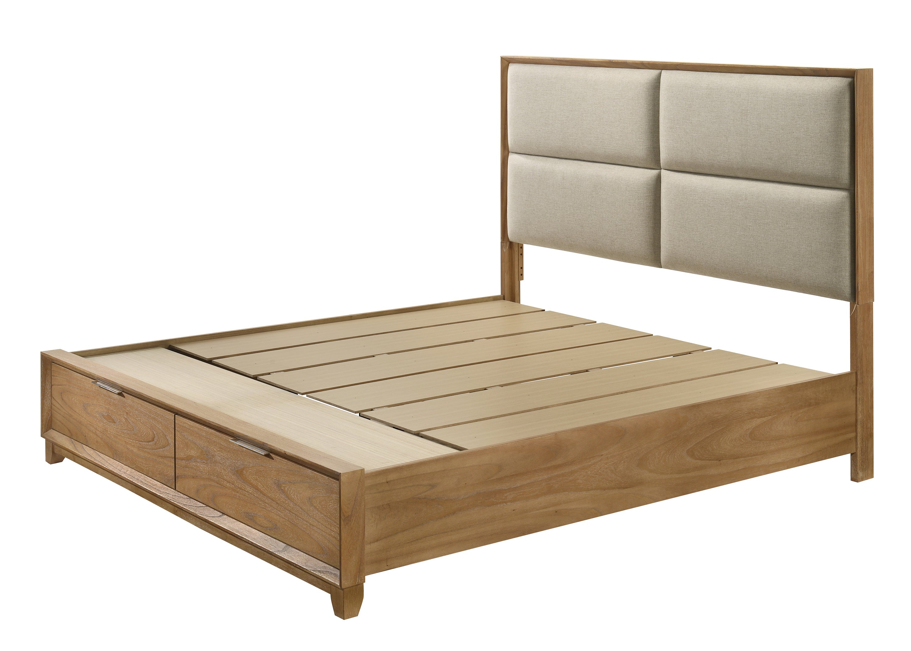 Queen Storage Platform Bed - Solid Wood, Plush - Bed frame without mattress showing slatted base and two spacious footboard drawers.