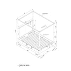 Malco Queen Oak Four Post Bed with Gold Accents and Upholstered Headboard in Rubber Wood