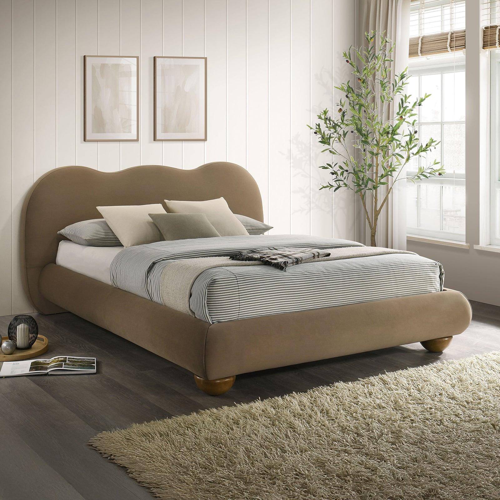 Eastern King Size Bed Boucle Upholstered in Brown.