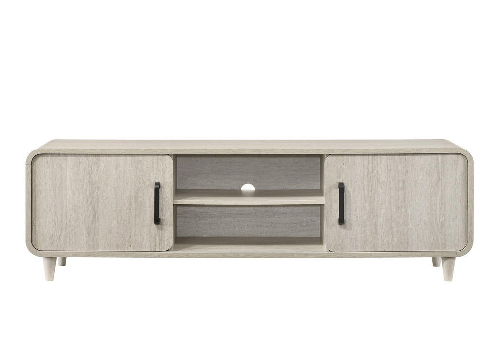Mid-Century TV Stand with Sliding Doors & Tapered Legs.