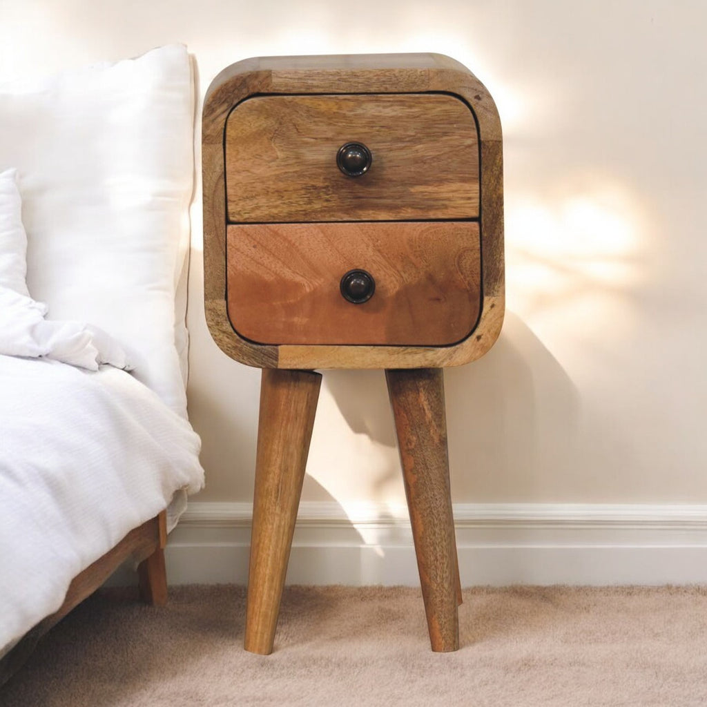 Solid Wood Extra Mini Curved Oak-ish Bedside, Nordic Legs, 2-Drawers, Light Brown