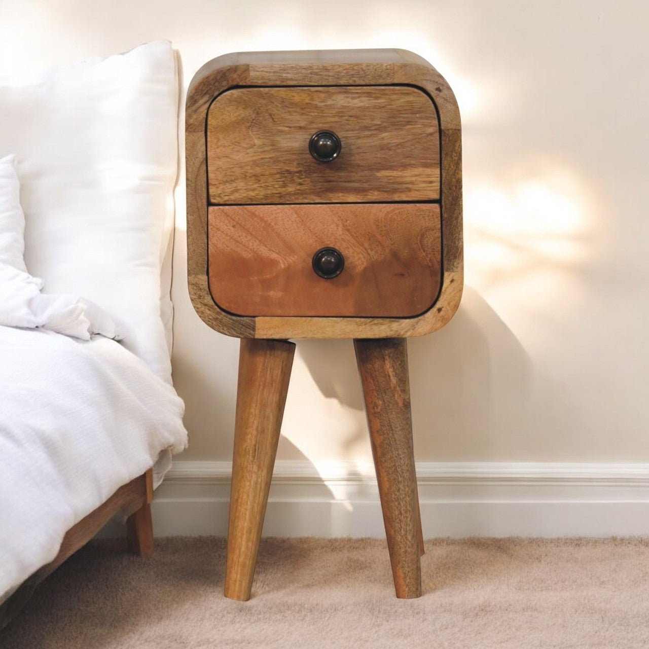 Solid Wood Extra Mini Curved Oak-ish Bedside, Nordic Legs, 2-Drawers, Light Brown