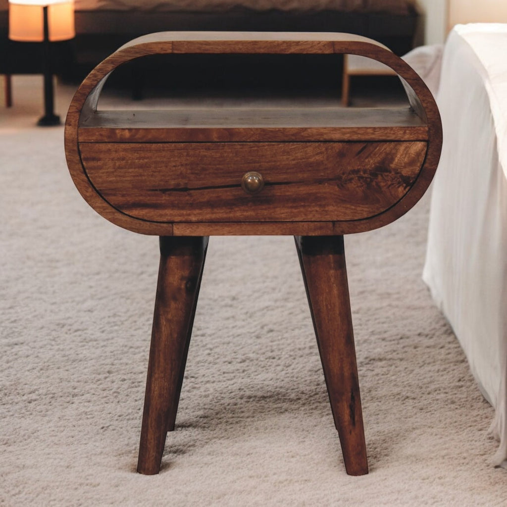 Solid Wood Honey Caramel Circular Bedside with Open Slot, 1-Drawer, Nordic Legs, Dark Brown