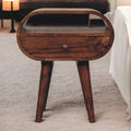 Solid Wood Honey Caramel Circular Bedside with Open Slot, 1-Drawer, Nordic Legs, Dark Brown