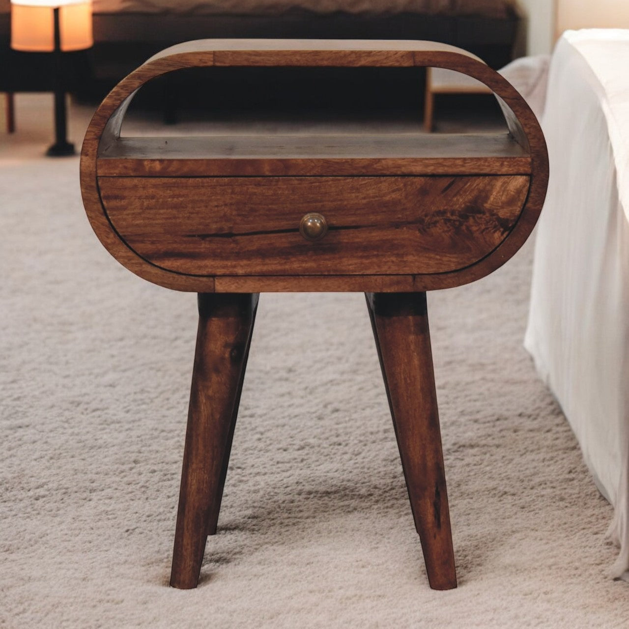 Solid Wood Honey Caramel Circular Bedside with Open Slot, 1-Drawer, Nordic Legs, Dark Brown