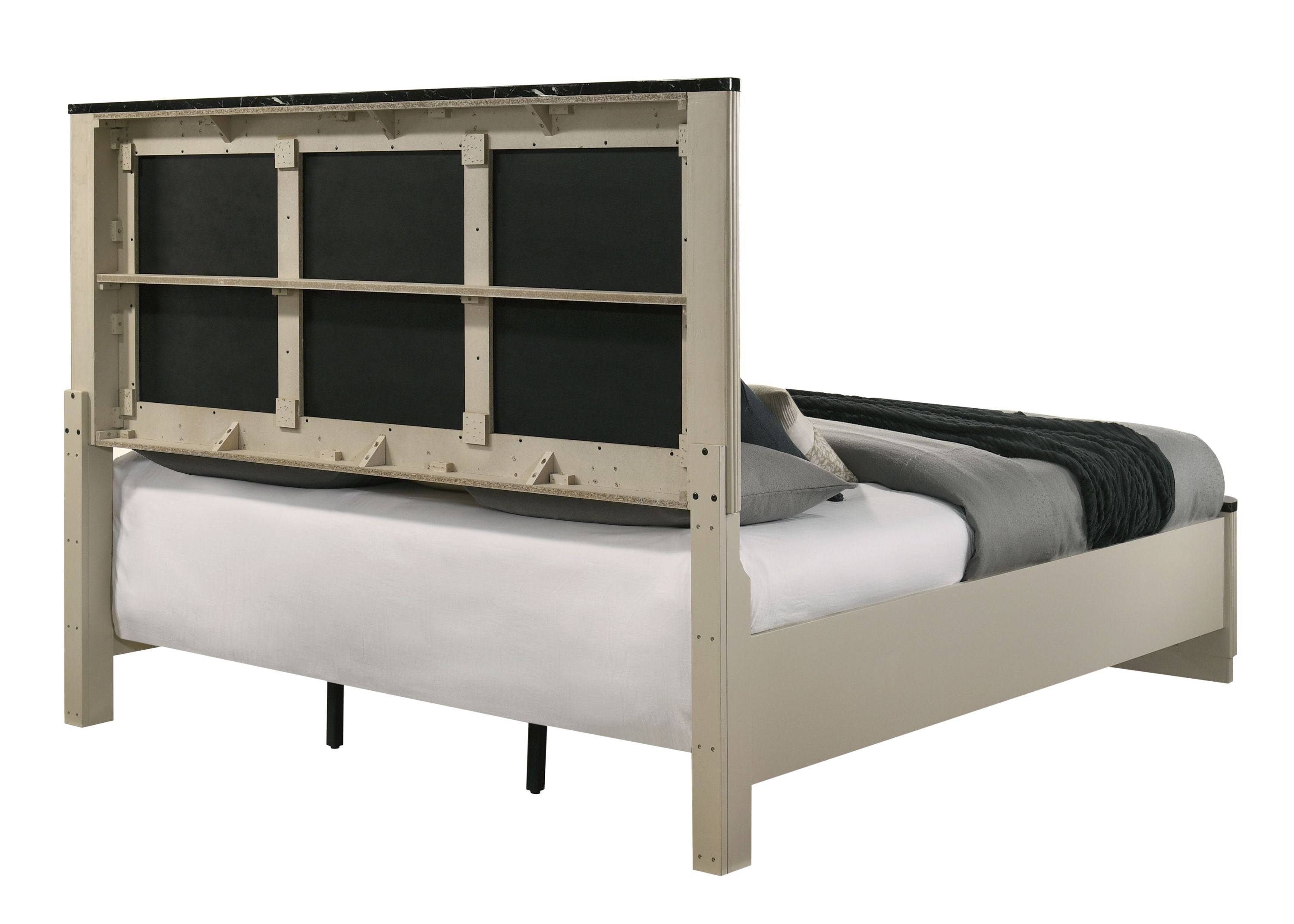 Back view of Gray Linen Beige Queen Bed - Modern Design showing sturdy frame construction and hidden storage functionality.
