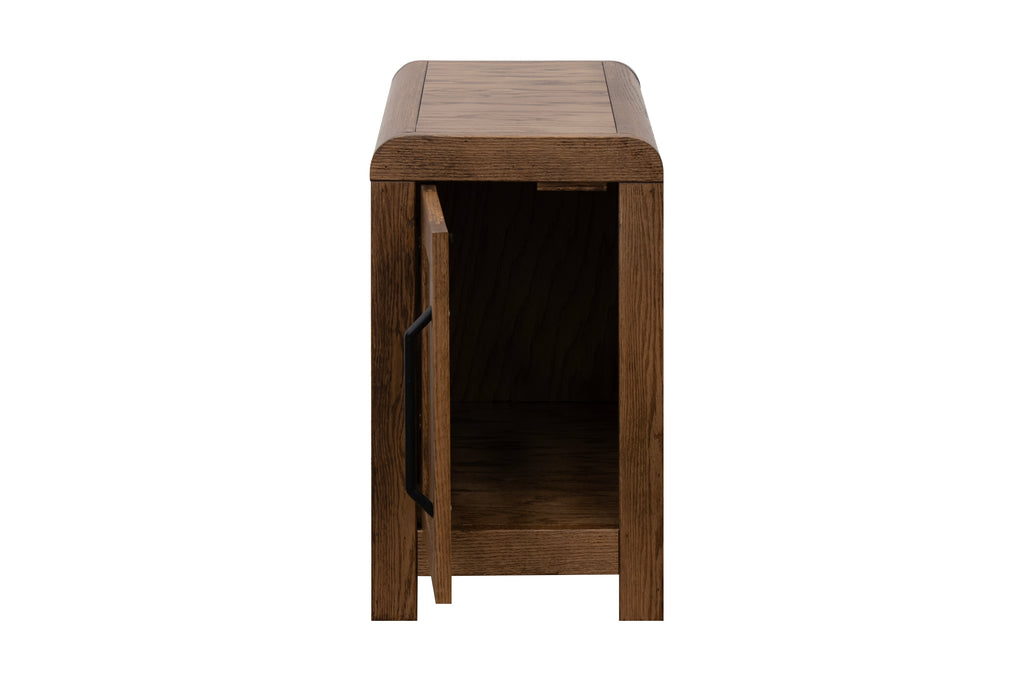 Haven 15 inch Oak Chairside Table with door open, revealing interior storage. Functional oak table with no assembly needed.