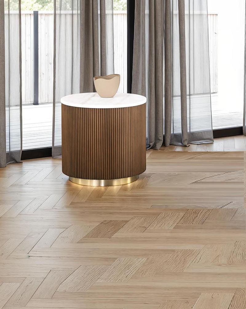 Round End Table with Marble Top and Gold Accent.