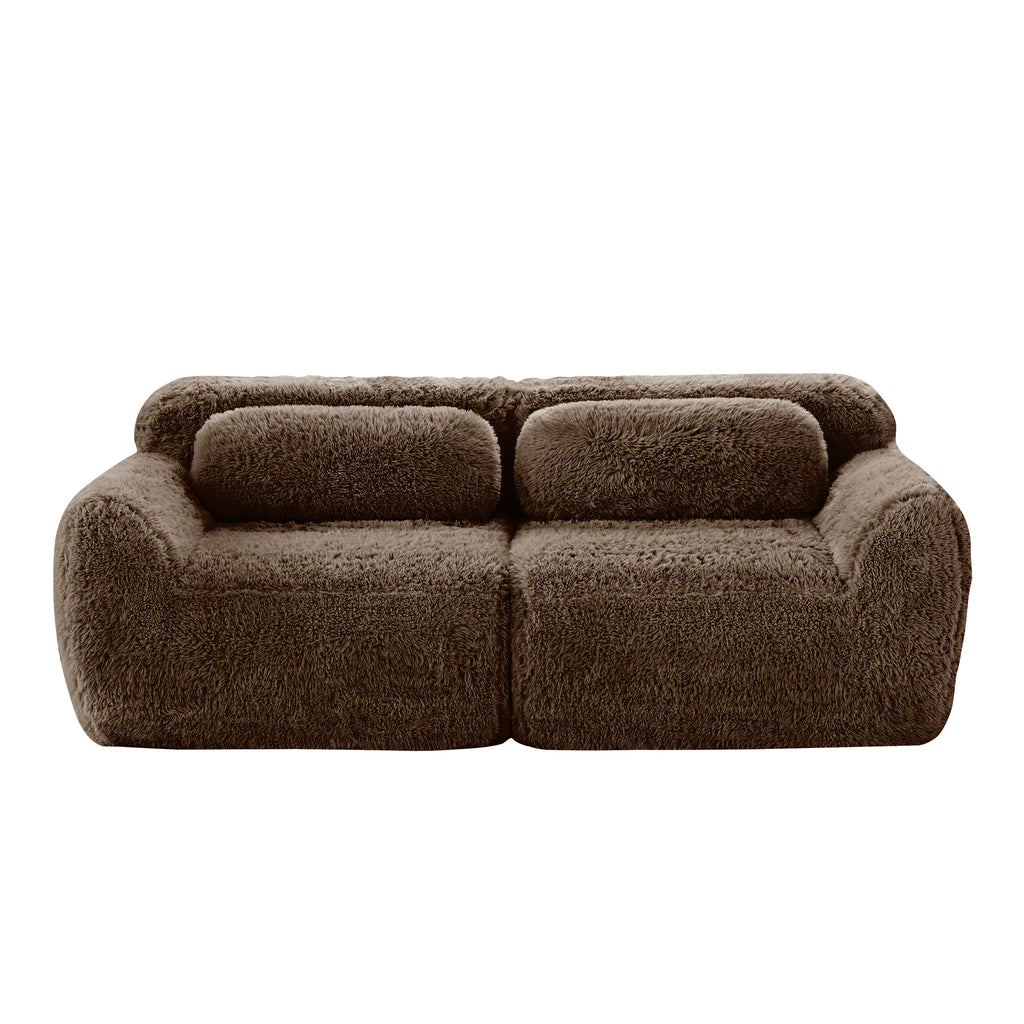 Front view of 2-seater modular sectional sofa in plush brown fabric, showcasing its cozy and compact design.