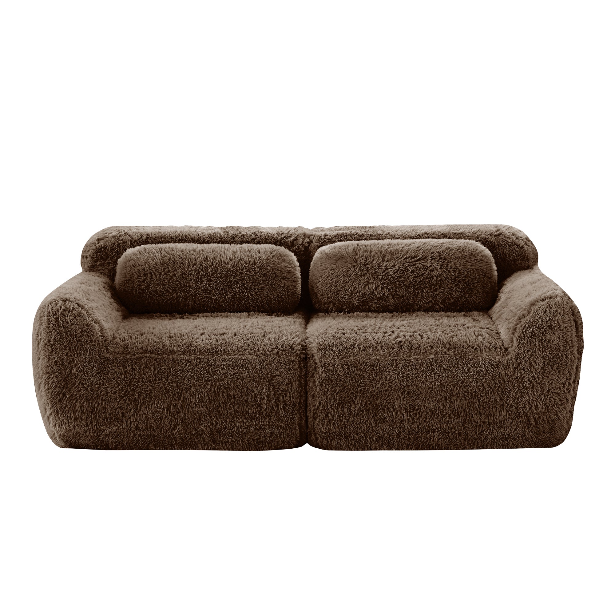 Front view of 2-seater modular sectional sofa in plush brown fabric, showcasing its cozy and compact design.