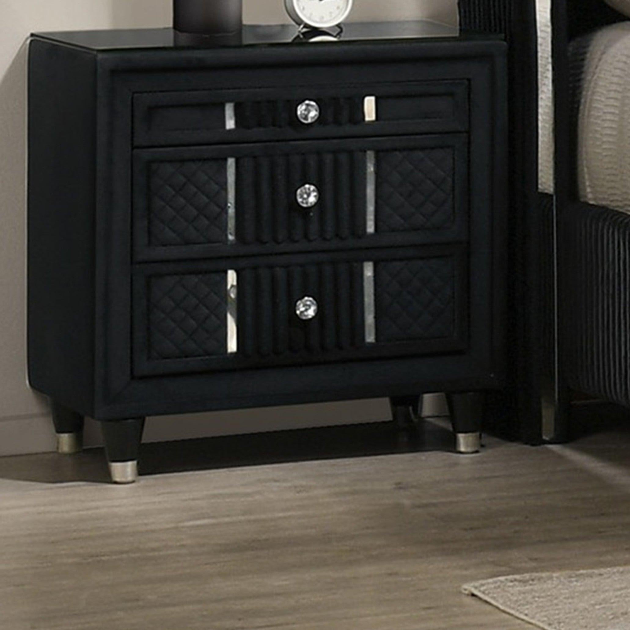 Contemporary Black Velvet Nightstand with Crystal-style Knobs.